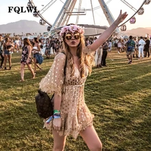 FQLWL Лоскутное Вышитое в горошек сексуальное Сетчатое платье для женщин золото половина рукава свободные вечерние мини платья летнее пляжное платье элегантное