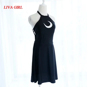 

Women Sexy Black Halter Dress Swimwear Hot Summer Party Dress Moon Printing Out Design Off the Shoulder Dress Swimwear Cosplay