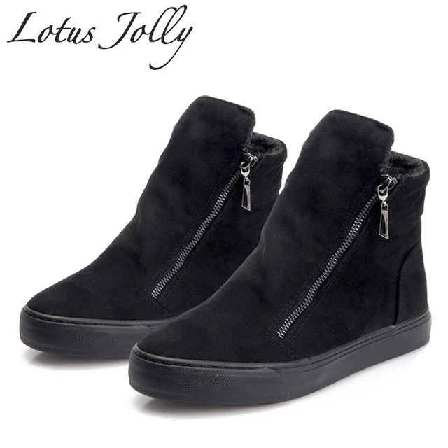 Baratos Mujeres Botas de invierno de La felpa caliente tobillo nieve Botas con cremalleras señoras plataforma zapatos mujer confort grueso vendido negro Botas mujer
