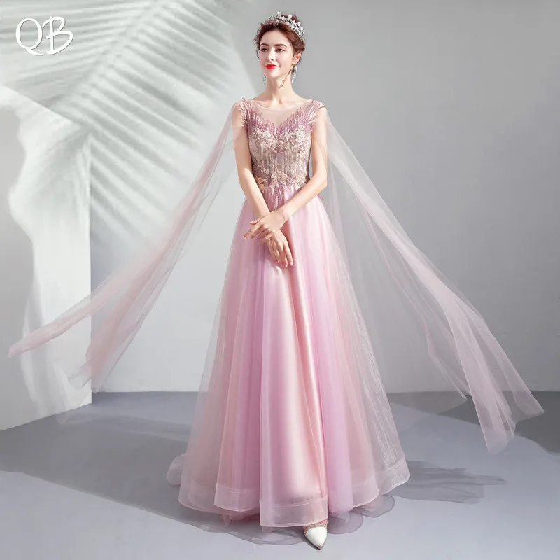 A-line Cape Tulle Flowers Appliques Beaded Sexy Elegant Pink Evening Dresses Bride Banquet Party Prom Dress XK25 A-line Cape Tulle Flowers Appliques Beaded Sexy Elegant Pink Evening Dresses Bride Banquet Party Prom Dress XK25