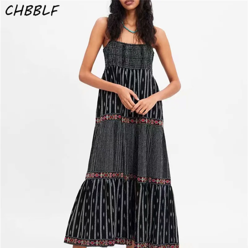 

CHBBLF women embroidery maxi dress sleeveless backless spaghetti strap female embroider dresses vestidos CDC9042
