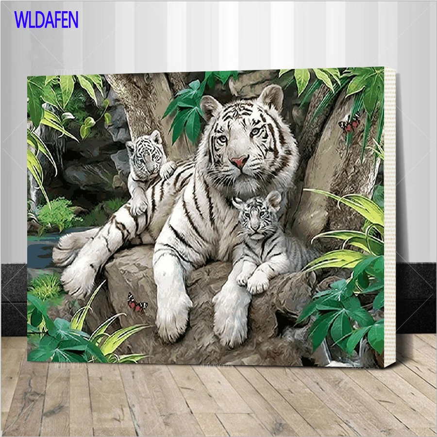 Framed Three Lazy Tigers Picture Painting By Numbers Hand Painted Oil