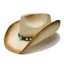 Ретро стиль женские мужские летние соломенный с широкими полями Пляж Западная пастушка Fedora ковбой шляпа бирюзовые бусины кожаный ремешок 58 см