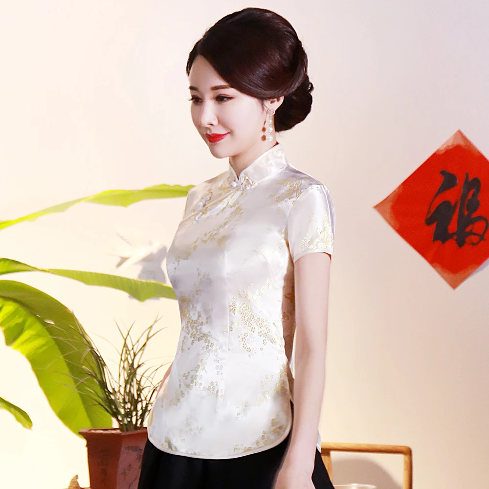 SEXY Flower Women Vintage Satin Blouse Oversize 3XL 4XL Lady Shirt Chinese Traditional Clothing Summer Short Sleeve Tops 04310
