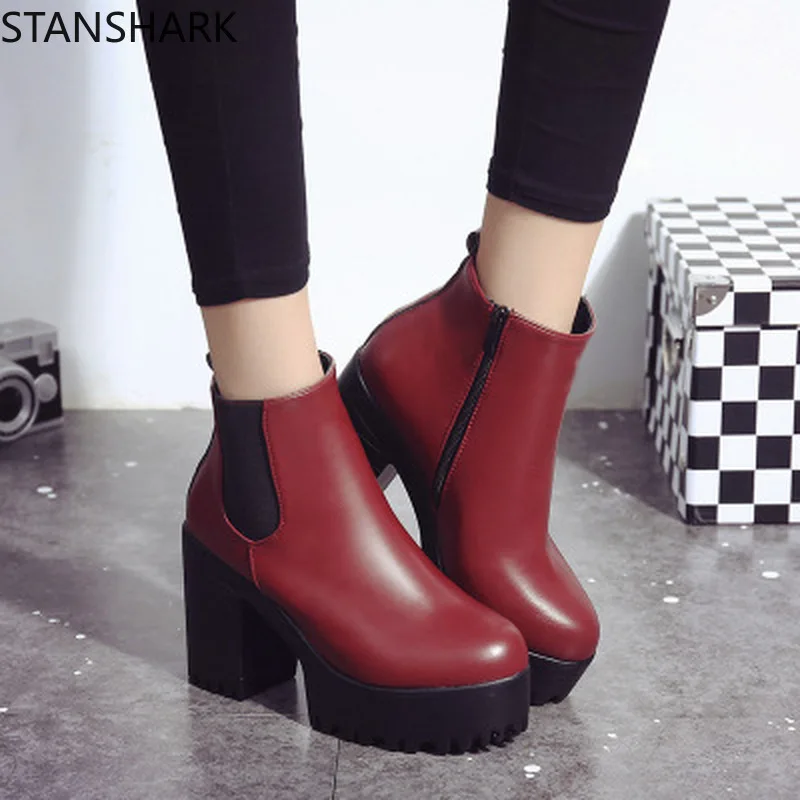 

2019 Chelsea Boots Female Leather Women Boots Thick Heels Ankle Boots For Women Round Toe Winter Shoes Women Flat Platform Boots