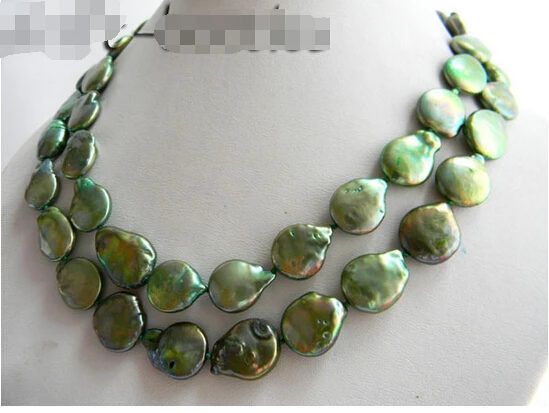 

>>>> 2Strands 18'' 14MM Green Baroque Coin Freshwater Pearl Necklace