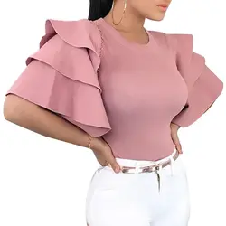 Летнее Плиссированное рукавом Блузка Топы Для женщин Элегантный шею тонкий рубашка Офис Дамы корейской моды Розовый и красный цвет блузки
