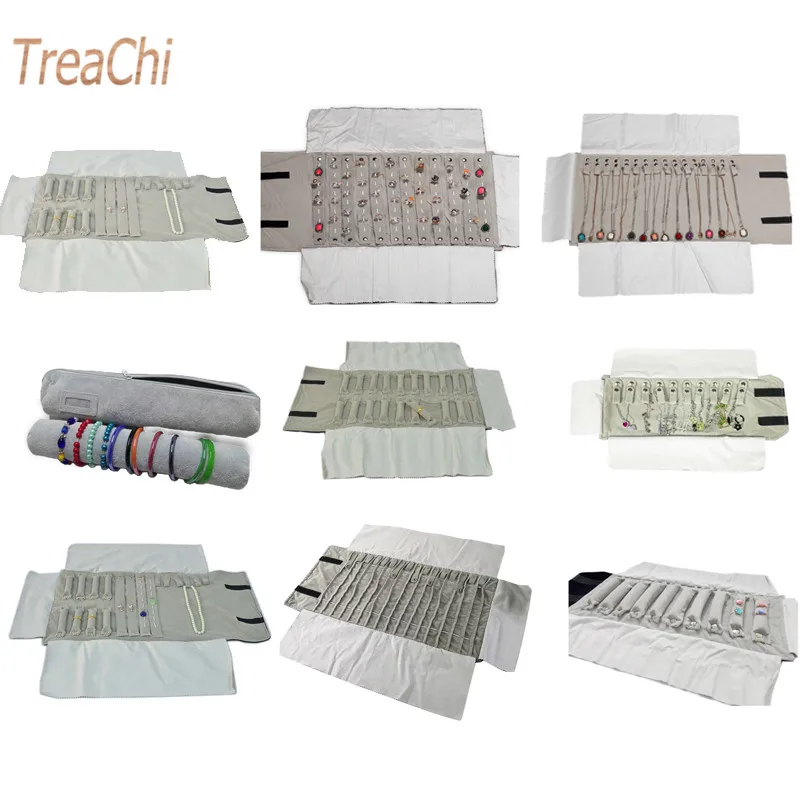 

Factory Wholesale Jewelry Roll Bag Portable Case Gray Velvet Organizer Multi Functional Necklace Rings Earrings Storage Box