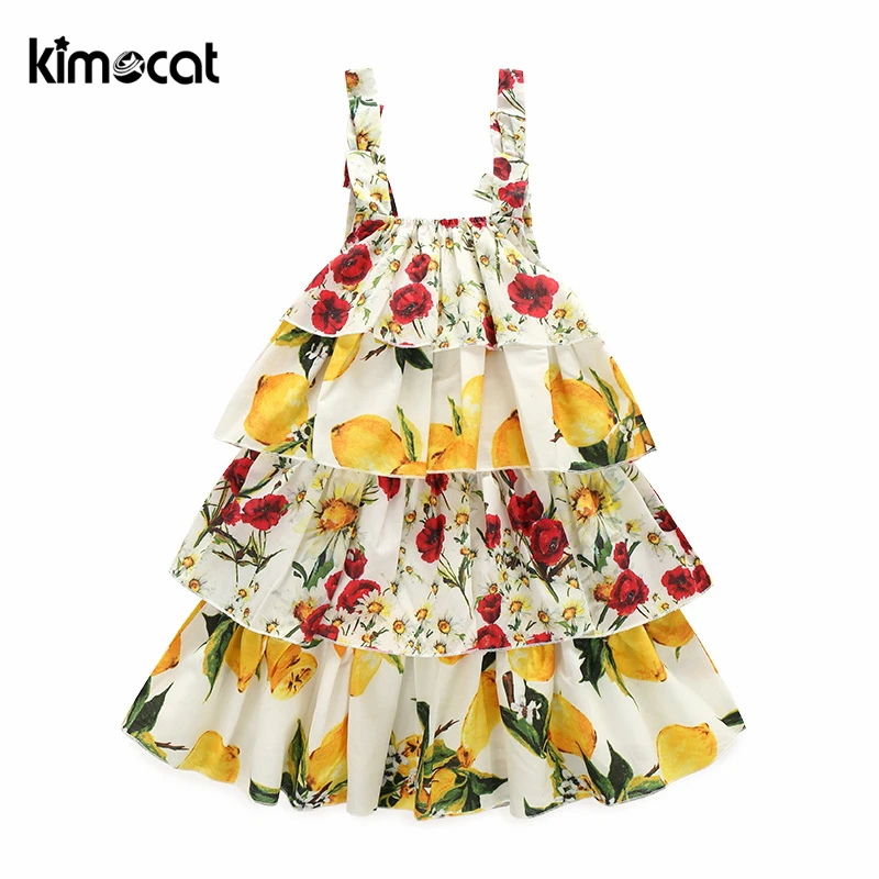 Kimocat/летнее платье для маленьких девочек в пляжном стиле; многослойное платье с открытой спиной и принтом лимонов и фруктов; милое детское платье без рукавов для девочек