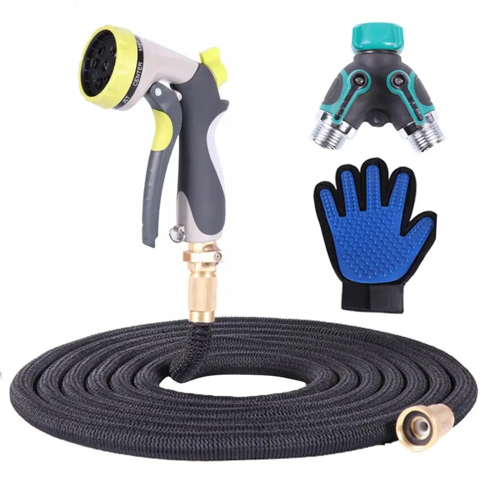 

Expandable Garden Hose, Zinc Alloy Sprayer, 8 Adjustable Watering Patterns, 2-Way Splitter, Work Glove for Gardening