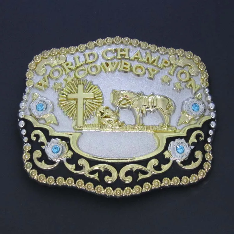 Чемпион мира ковбой с каменным крестом и лошадью Западная пряжка ремня серебро