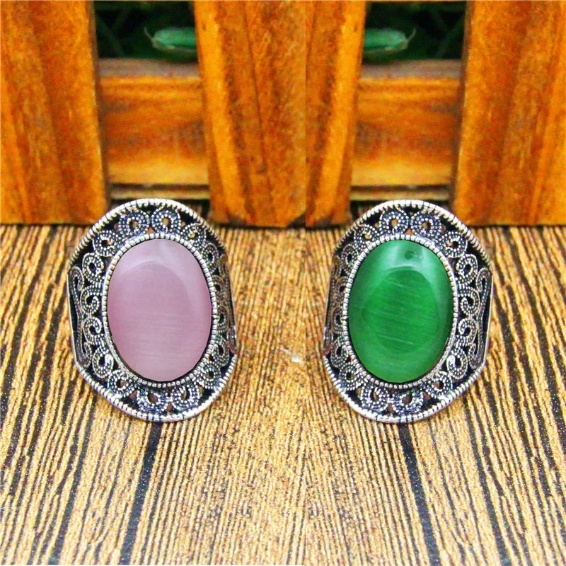 5 Colors Oval Opal Rings For Women Classic Flower Design Antique Silver Plated Rings Fashion Jewelry TR680