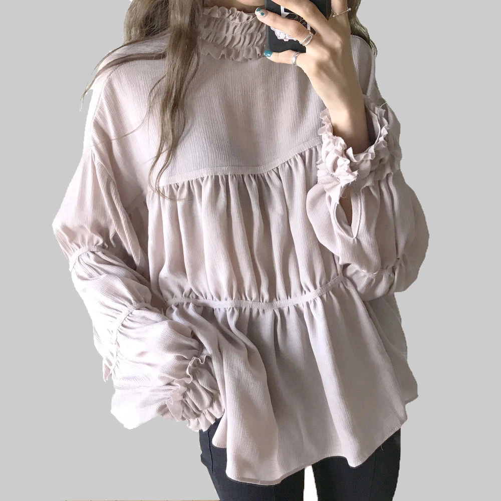 

SuperAen Women Fashion Shirts Wild Long Sleeves Girls Blouse Loose Turtleneck Women Chiffon Shirt New Spring 2018 Women Tops
