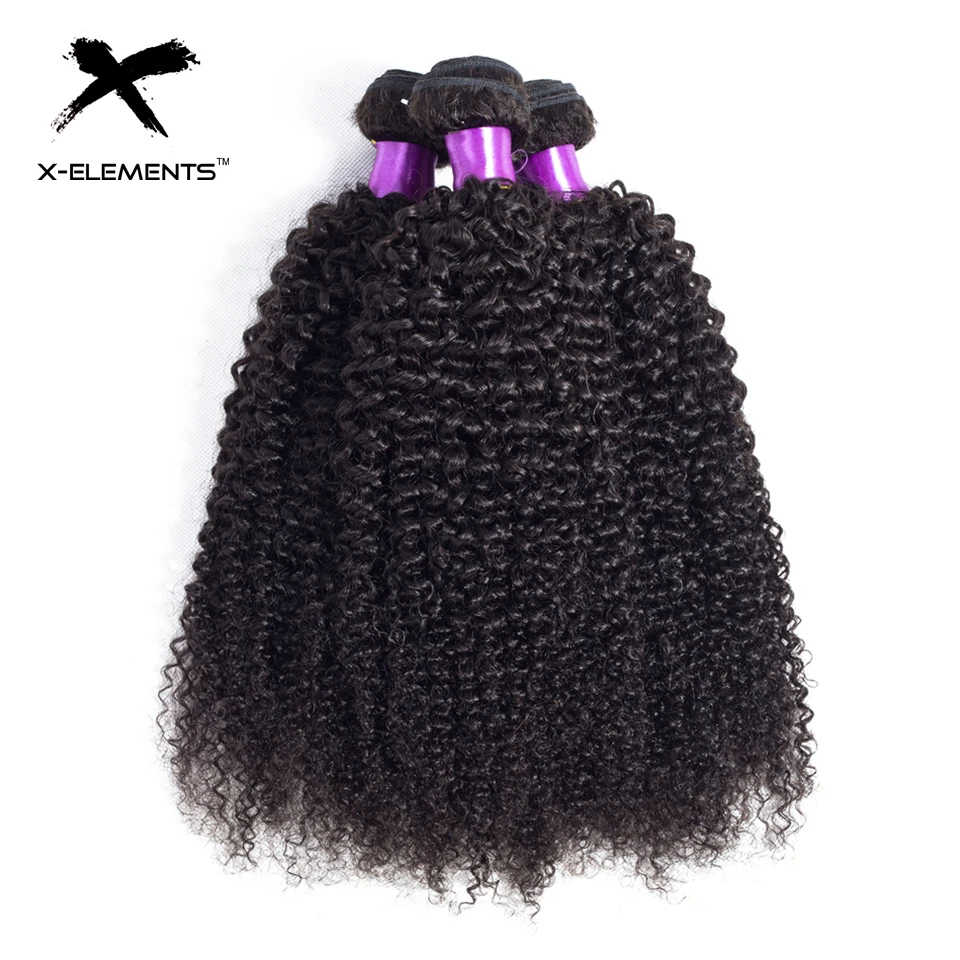 X-Elements Malaysian Kinky Curly Hair 1 3 4 Bundles Deals Natural Color Human Hair Bundles 8-26 inches Non Remy Hair Weave Extensions (3)