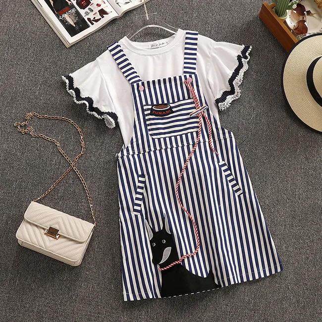 

Amolapha Women Summer Ruffles Sleeve Tshirts+Striped Suspender Dresses Twinsets Casual 2PCS Set