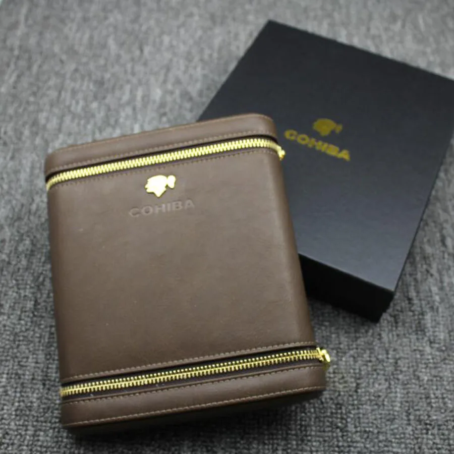 

COHIBA Coffee Leather Spanish Cedar Lined Cigar Case Holder Humidor 6 Tube Count Portable Travel Cigar Case Bag & Pouch Box