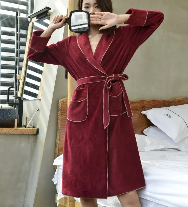 Женские зимние теплые халаты, однотонная длинная ночная рубашка из бархата с карманами, кимоно, купальные халаты, Женская Сексуальная Домашняя одежда для сна MA50184