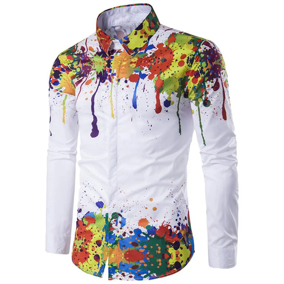 

MUQGEW 2019 Spring Autumn Hot Sale Casual Shirt Men Fashion Mens Long Sleeve Ink Print Shirts Slim Fit Stylish Blouse Tops Shirt