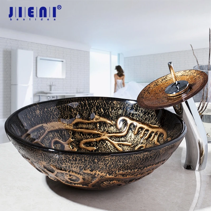 

JIENI Bathroom Glass Hand-Paint Brown Wash Basin Sink Lavatory Sink Combine Set Gold Polish Chrome Waterfall Mixer Tap Faucet