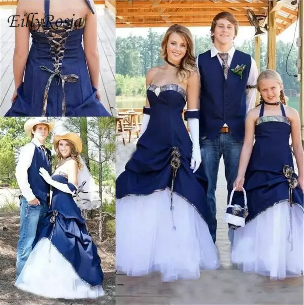 Unique Design Camo Wedding Dresses Navy Blue Satin White Tulle Trumpet Cowboy Country Style Bridal Gowns Bride robe noiva 2019