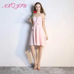 AXJFU сексуальные без рукавов Спагетти ремень розовый вечернее платье из шифона элегантный самовыращивание короткий лук розовое вечернее
