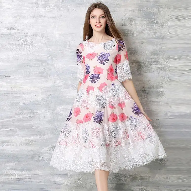 2017 Summer Women Chiffon Pink Flower Print Dress High Quality White