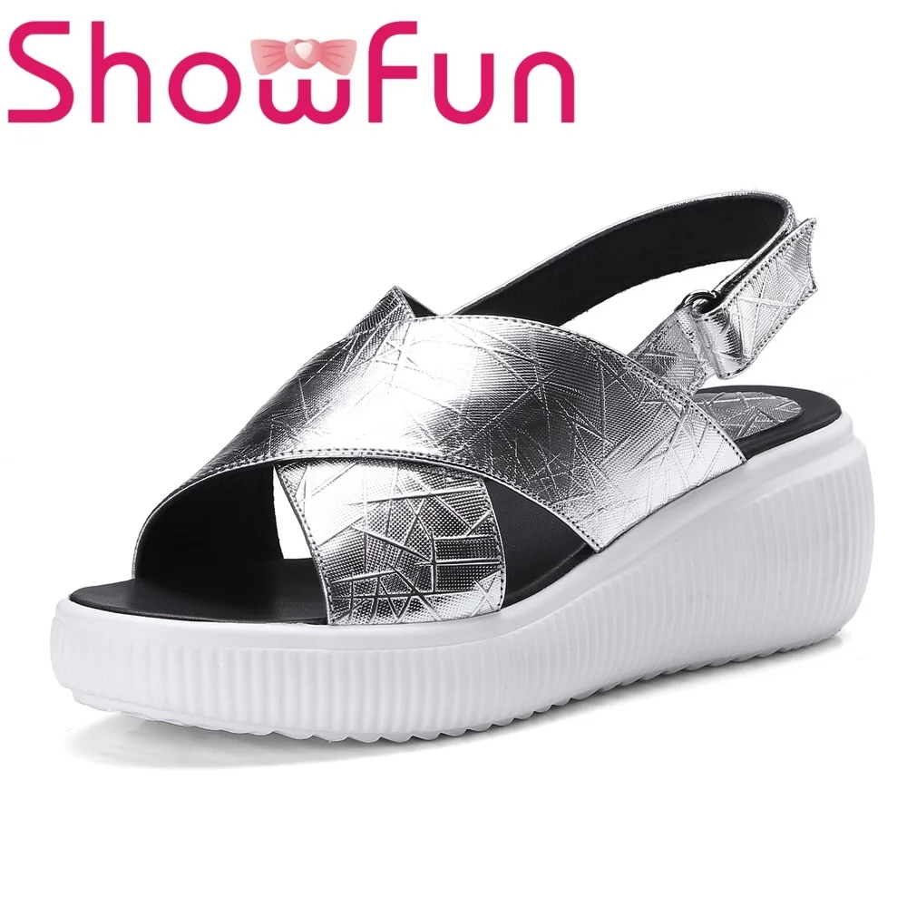 

Showfun genuine leather casual neutral solid buckle hook&loop back strap wedges platform sandals woman shoes