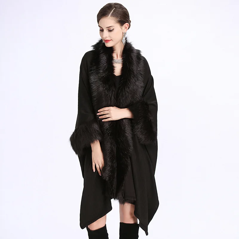 RUNMEIFA имитация лисьего меха женская осенняя и зимняя мода стиль Свободный вязаный кардиган размер шаль накидка плащ пальто - Цвет: 1
