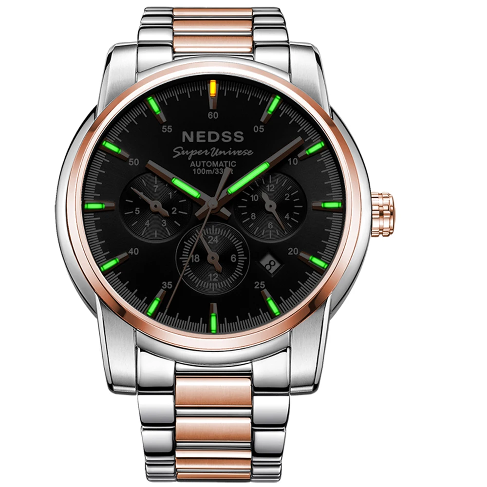 

luxury watches top brand mens Chronograp Full Steel watch 10Bar Waterproof sapphire green tritium Luminous Mechanical watches