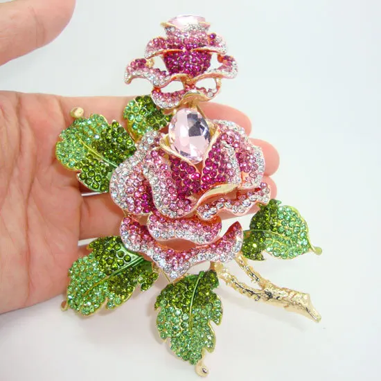 

High-Quality Gold Tone Luxury Double Rose Flowers Art Deco Brooch Beautiful Woman Pink Crystal Rhinestone Flower