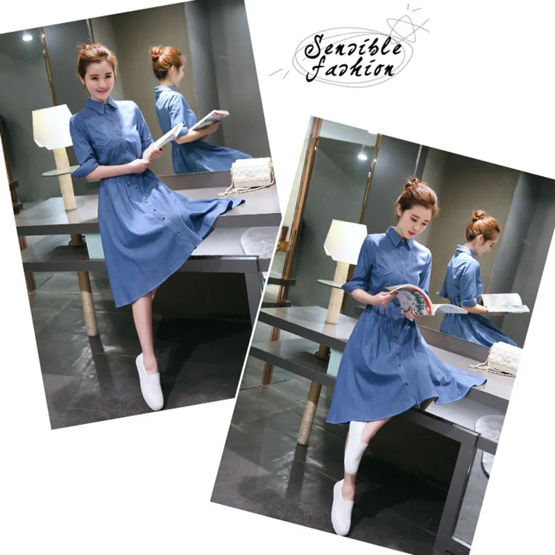  Women's clothing solid color half-sleeved belt slim denim shirt dress ladies fashion casual long section jeans dress (14)