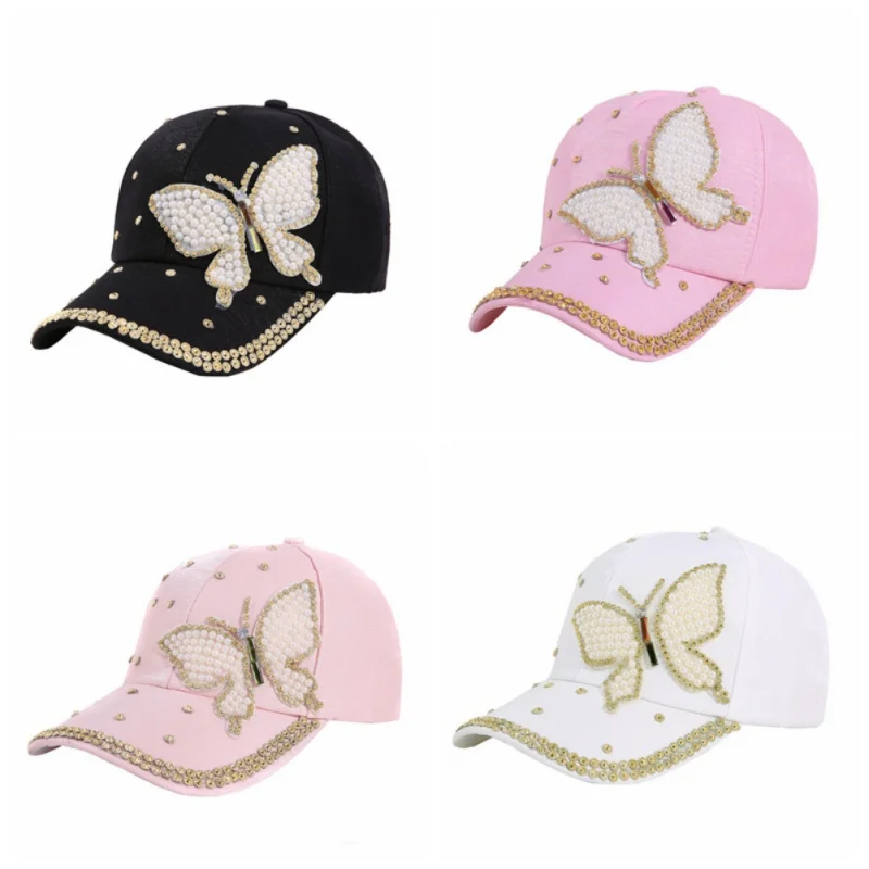 Для женщин Бейсбол шапки бренда Bling Жемчужина-бабочка пайетки кепки в стиле хип-хоп Брендовая Дизайнерская обувь на кнопках сзади женские