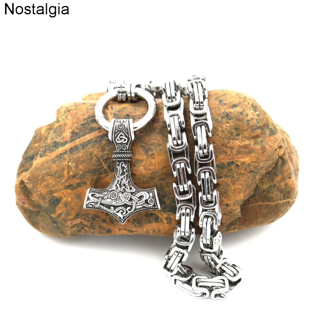 

Nostalgia Thor Hammer Mjolnir Odin Raven Wolf Dragon Pendant Viking Necklace With Heavy Thick Stainless Steel Chain Dropshipping