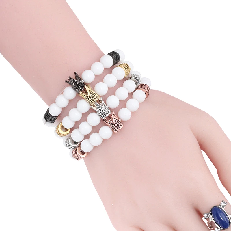 

Fashion Micro Pave Black CZ Crown Hexagonal Charm Men Beads Bracelet 8MM White Stone Couples Beaded Elastic Bracelets Pulseras