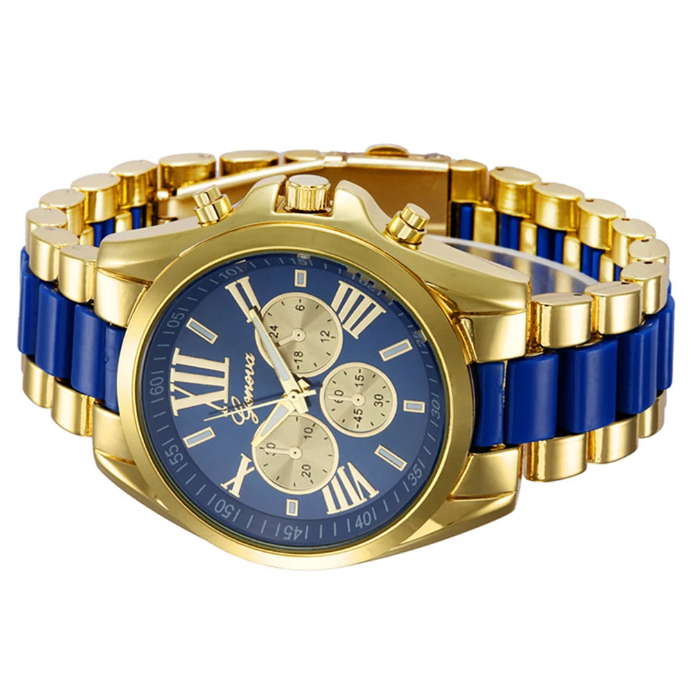 Geneva бизнес элегантные модные женские римские цифры позолоченные наручные часы Цвет: синий