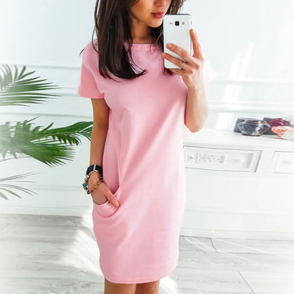 

Women Summer Round Neck Short Sleeve Solid Party Pockets Casual Dress