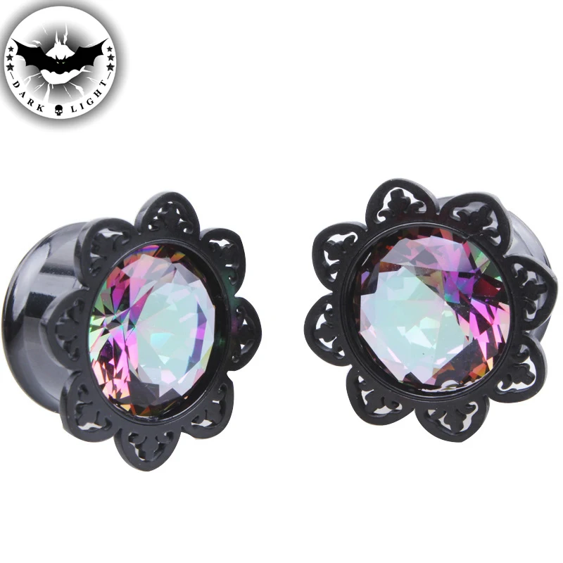 Dark Light Stainless Steel EarTunnel Zircon Ear Plug Gauges Body