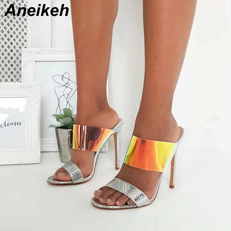 

Aneikeh PVC Mixed Colors Woman Slippers Shoes Ankle-Wrap Slip-On Summer 2019 Ladies High Thin Heels Pumps Slides Size 35-40