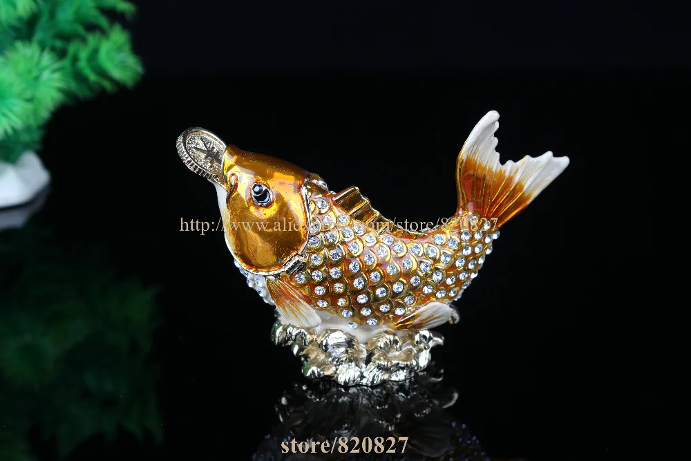 Free Shipping Feng Shui Pewter Fish Statue Figurine with Rhinestone 