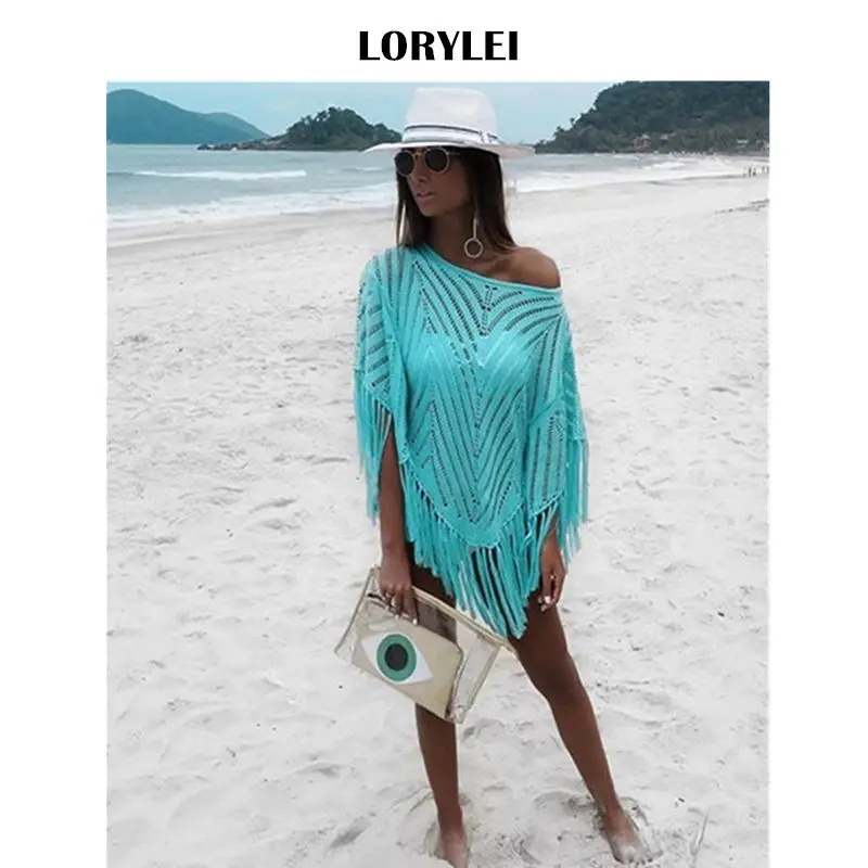 

Sexy Lake Blue Striped Crochet Tassel Cloak Mini Dress For Beach Wear Summer Women Swim Bikini Cover Up Saida de praia 2019 N468