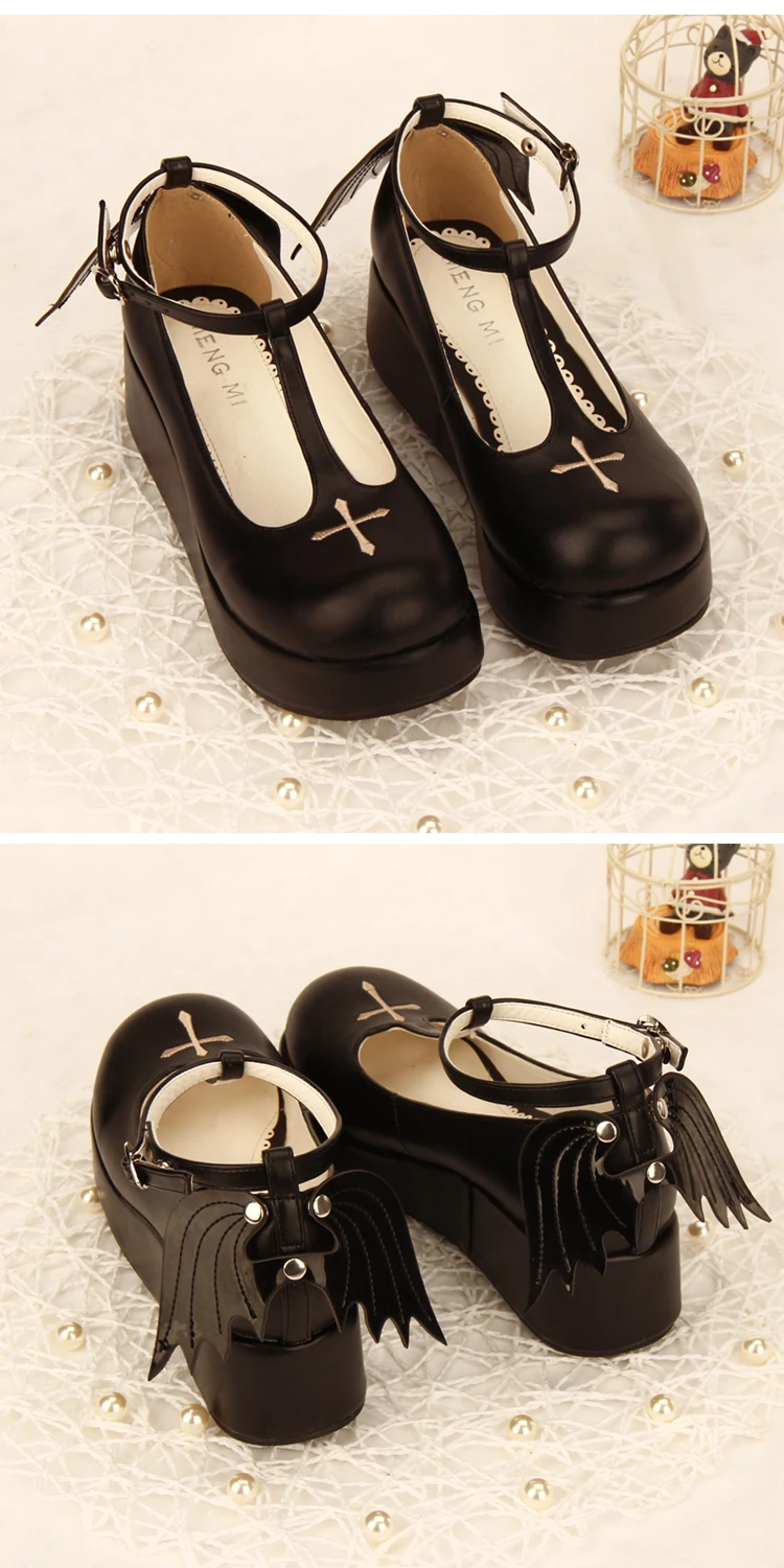 Черные туфли Лолиты в готическом стиле для костюмированной вечеринки с Т-образным ремешком на щиколотке; Туфли Лолиты на плоской платформе с круглым носком; туфли принцессы с перекрещивающимися крыльями