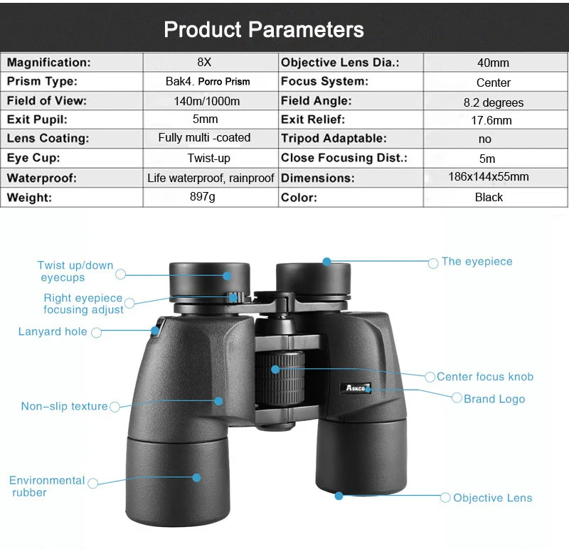 Askco военный HD 8x40 Бинокль Профессиональный охотничий телескоп зум высокого качества видение без инфракрасный окуляр черный