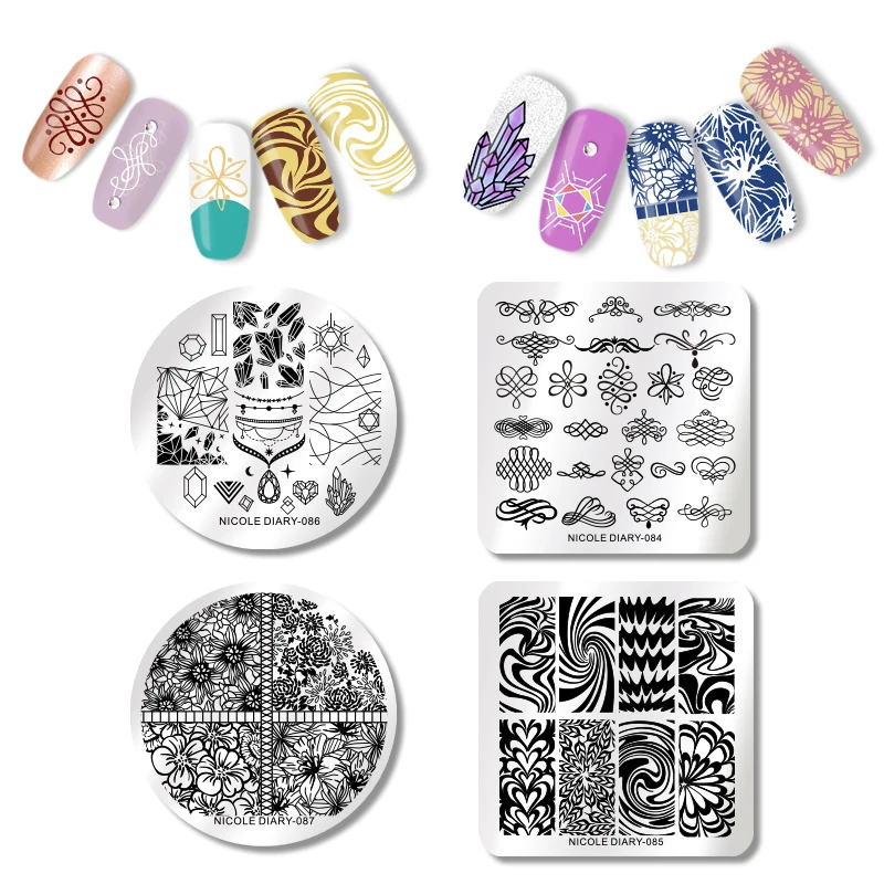 NICOLE дневник пластины для штамповки ногтей геометрические цветы дизайн ногтей штамп трафарет маникюрный шаблон инструменты
