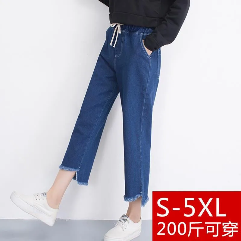 Beste Plus size S 5XL blauw jeans losse kwastje broek vrouw wijde pijpen broek rechte broek elastische taille broek vrouwelijke grote harajuku