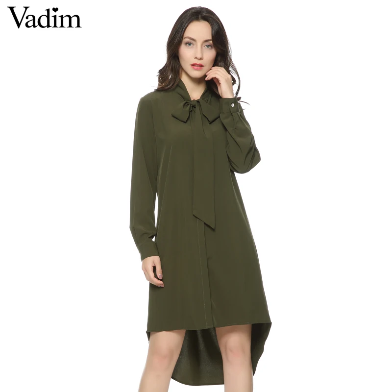 Women army green neck bow tie dress stand collar long sleeve loose