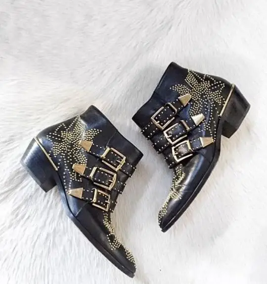 New Leather Rivets Booties Buckle Straps Thick Heel Black Ankle Boots Studded Decorated Motorcycle Boots Woman Riding boots