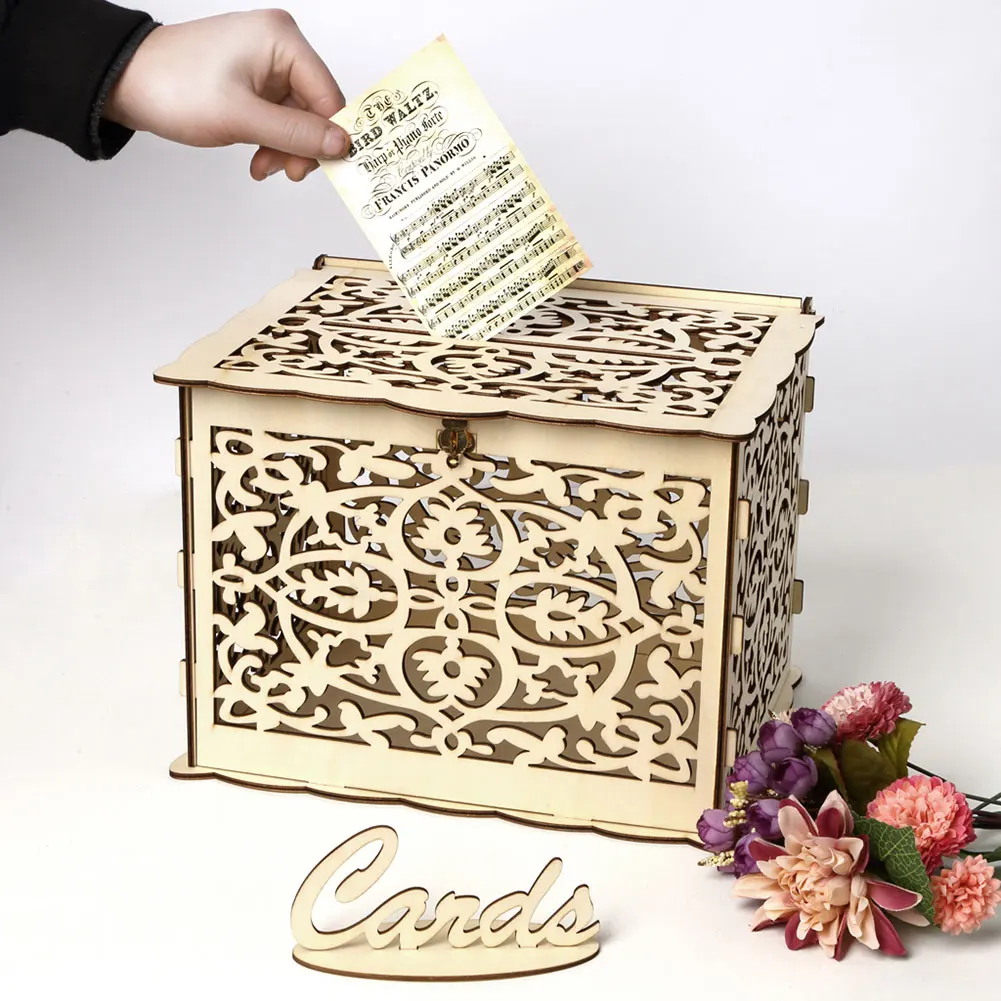 

DIY Wooden Wedding Card Box with Lock and Slot for Rustic Wedding Decoration XB 66