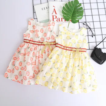 

2018 Summer dress girl kids lemon Printed Sleeveless Dress Girls Children Princess Dress Clothes Top quality!