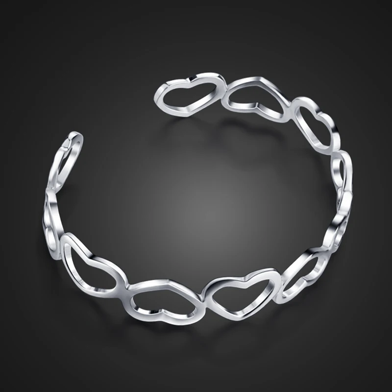 

Heart Charm woman bracelet Fashion 100% 925 Sterling silver hollow-carved Bangle Bracelet open design solid silver jewelry