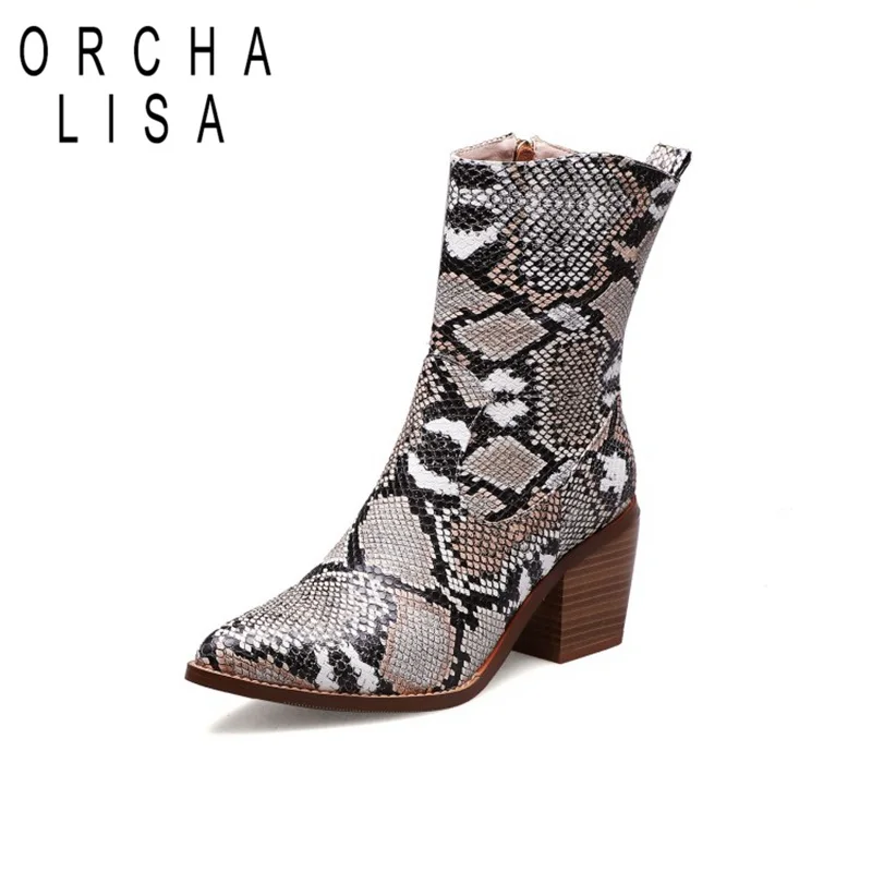 

ORCHA LISA 2020 cow leather Chelsea boots women block high heel mid calf boots chunky cowboy shoes slip on booties large size